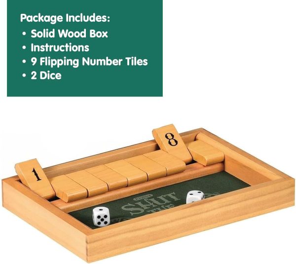 Schylling Shut the Box - Family Game of Strategy and Chance - Includes Collectible Wooden Game Box. Felt Bottom. Rounded Dice. and Detailed Instructions - Ages 6 and Up